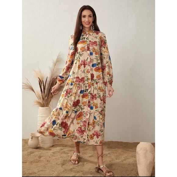 Shein Boho Collar Button Front Ruffle Hem Flounce Floral Maxi Dress XS - Picture 7 of 8